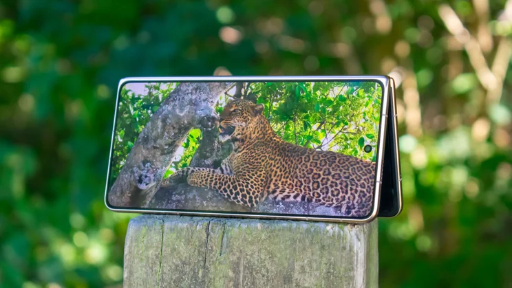 Honor Magic V6 in tent mode, nature video on the display
