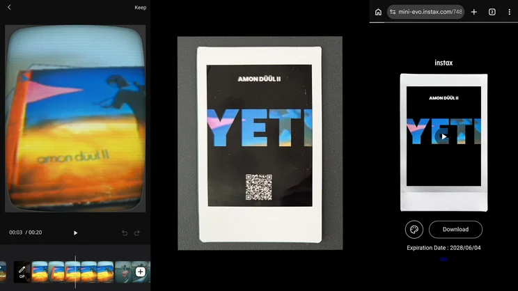 (From left to right) The Instax Mini Evo app Project editor, a bird's eye view of an Instax Mini Evo Cinema print, a screenshot of the scanned print as a video on a smartphone browser