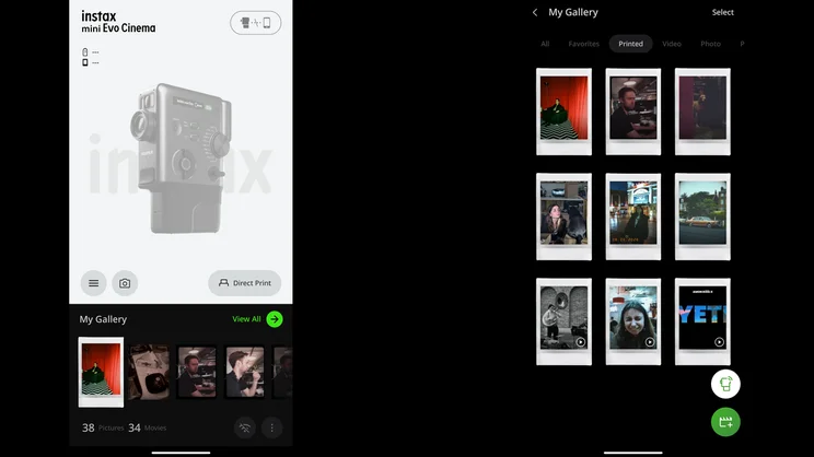 Two screenshots of the Instax Mini Evo app, showing the app's home page (left) and gallery (right)