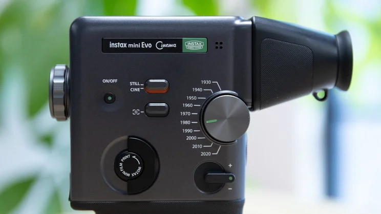 A closeup of the Instax Mini Evo Cinema's controls