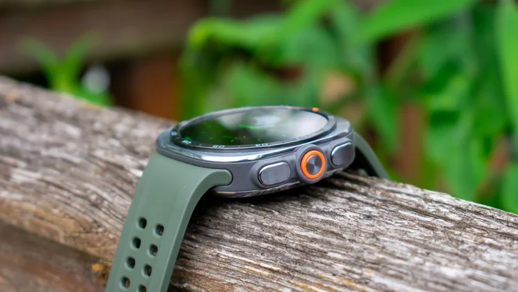Samsung Galaxy Watch Ultra 2 on a fence, angled view
