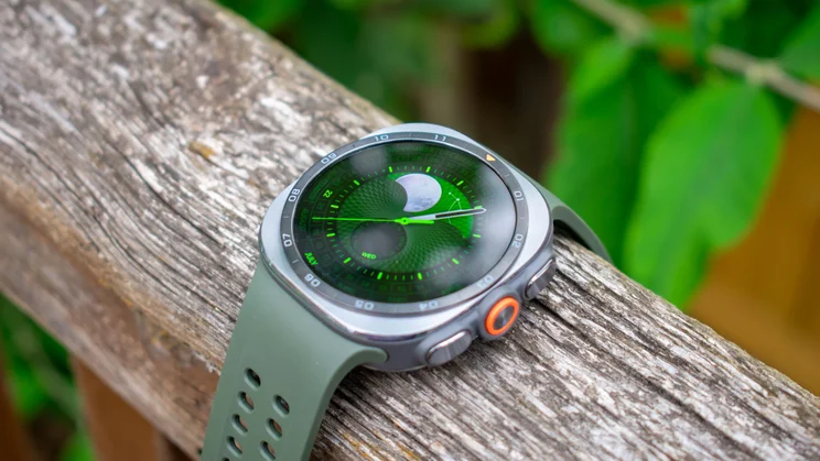 Samsung Galaxy Watch Ultra 2 on a fence, display view