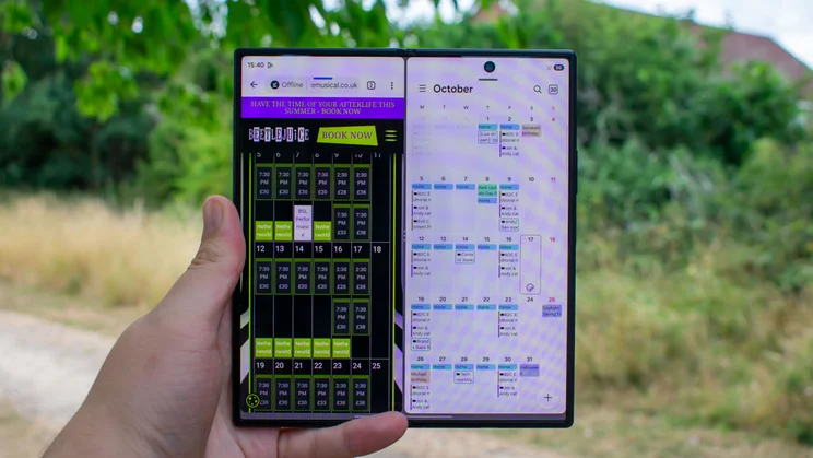 Samsung Galaxy Z Fold 8 Ultra unfolded in hand, a website and the calendar on the display