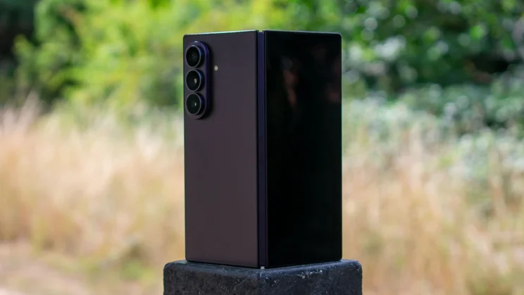 Samsung Galaxy Z Fold 8 Ultra partially unfolded, rear view