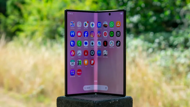 Samsung Galaxy Z Fold 8 Ultra partially unfolded, front view