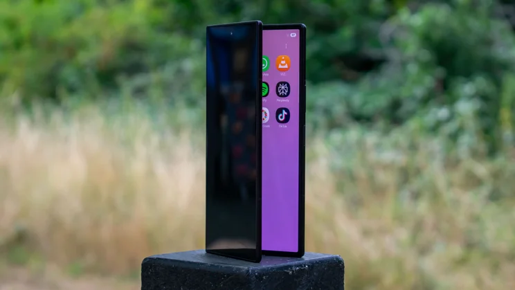 Samsung Galaxy Z Fold 8 Ultra mostly folded, angled view