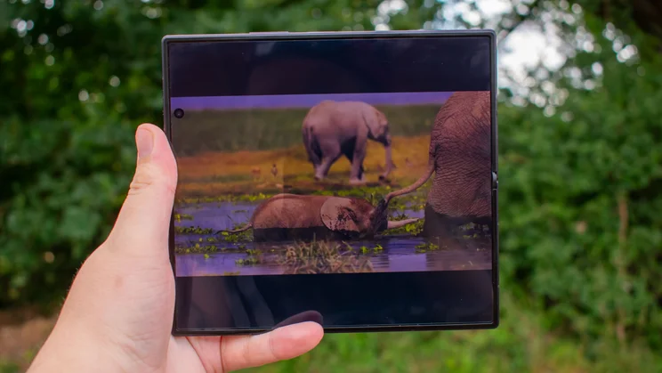 Samsung Galaxy Z Fold 8 Ultra unfolded in hand, nature video on the display