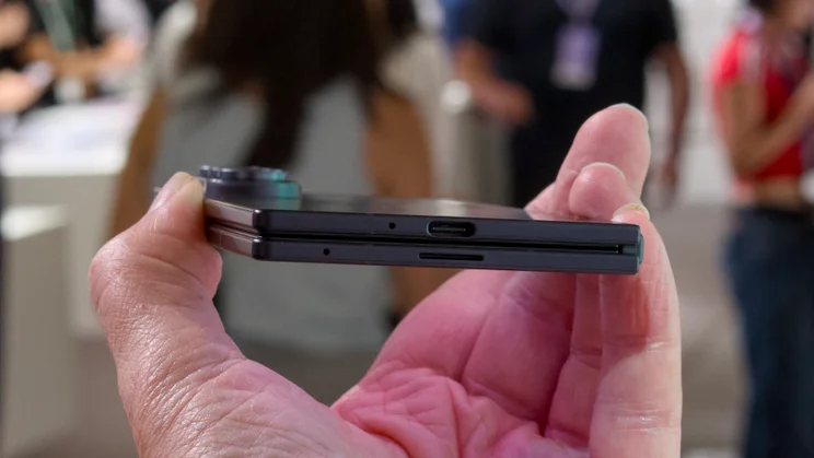 Samsung Galaxy Z Fold 8 Ultra in hand, bottom view