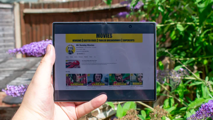 Samsung Galaxy Z Fold 8 unfolded, displaying a video