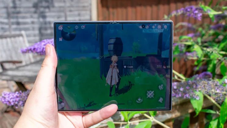 Samsung Galaxy Z Fold 8 unfolded, displaying a mobile game