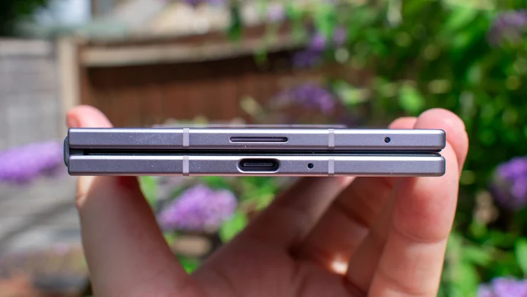 Samsung Galaxy Z Fold 8 in hand, bottom view