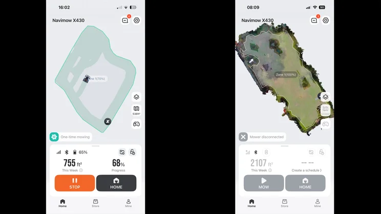 Two screenshots of the Segway Navimow X430 robot lawnmower's app, showing mapping and mowing progress