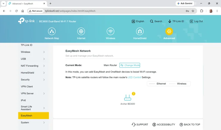 TP-Link Archer BE3600 - web UI screenshot - EasyMesh