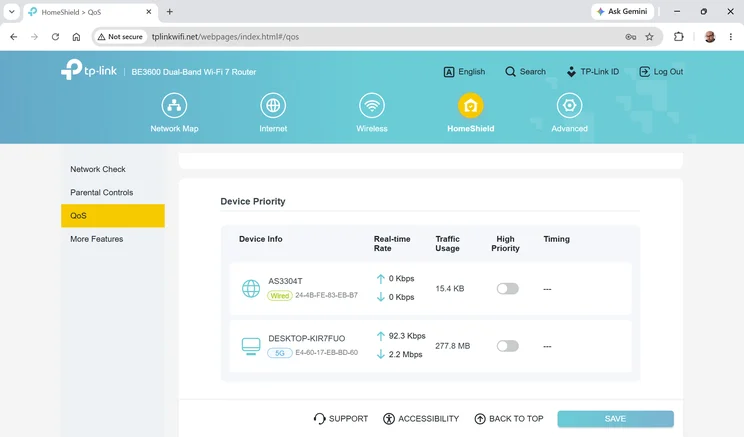TP-Link Archer BE3600 - web UI screenshot - QoS