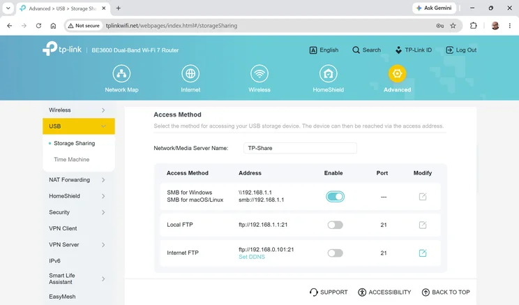 TP-Link Archer BE3600 - web UI screenshot - USB storage