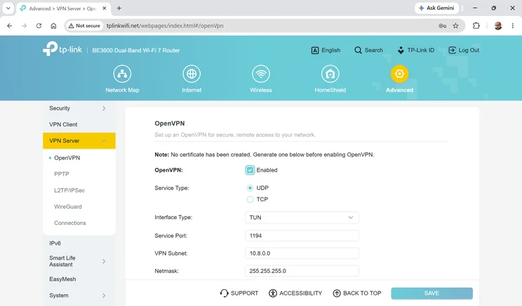 TP-Link Archer BE3600 - web UI screenshot - VPN