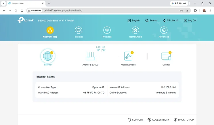 TP-Link Archer BE3600 - web UI screenshot - main