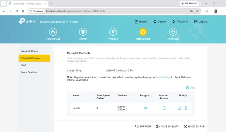 TP-Link Archer BE3600 - web UI screenshot - parental controls 2