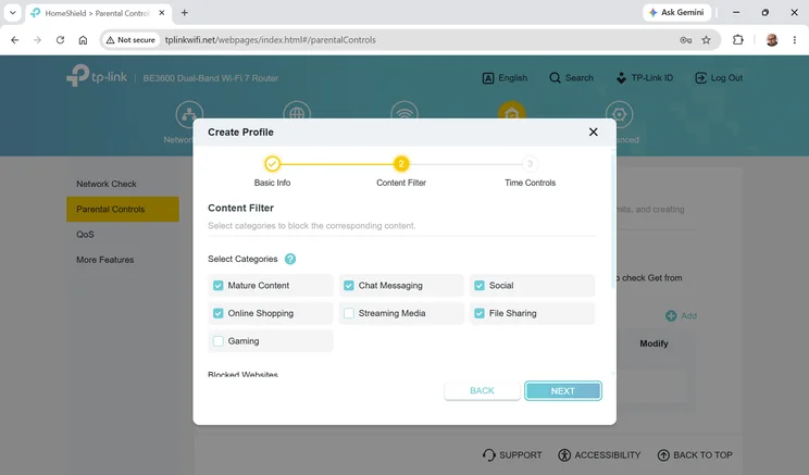 TP-Link Archer BE3600 - web UI screenshot - parental controls