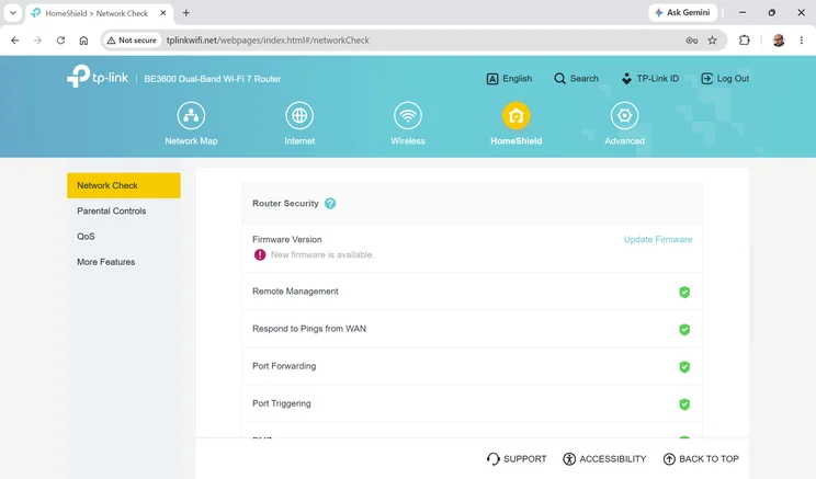 TP-Link Archer BE3600 - web UI screenshot - security scan