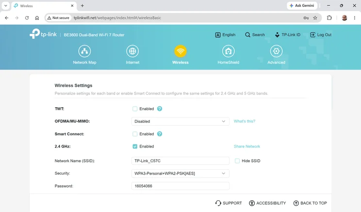 TP-Link Archer BE3600 - web UI screenshot - wireless