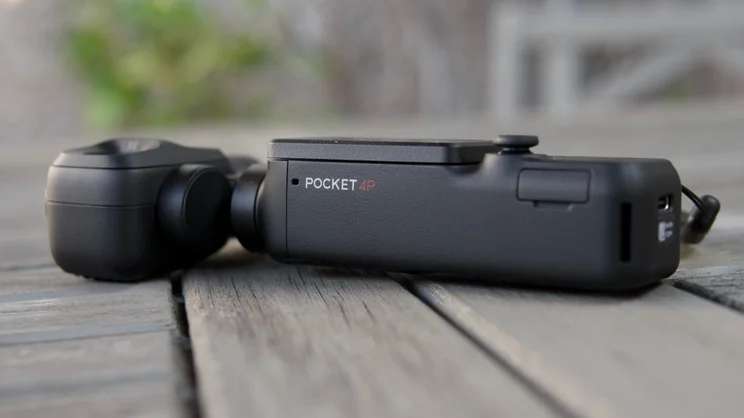 The DJI OSMO Pocket 4P pictured from the side, lying on its back