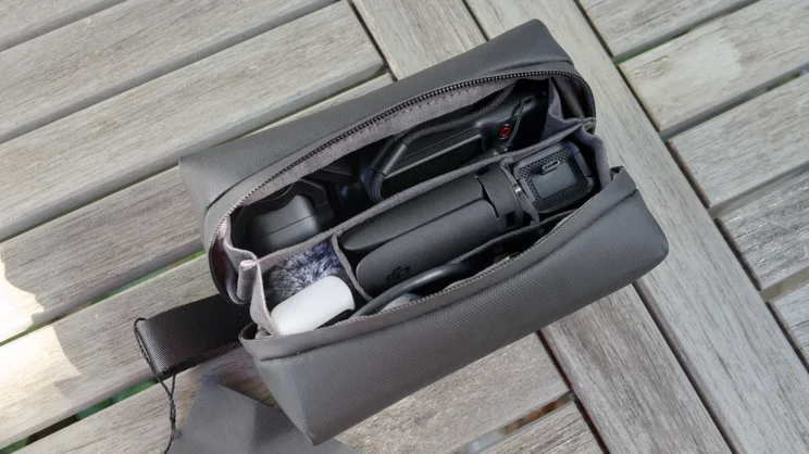The DJI OSMO Pocket 4P pictured in its carry pouch
