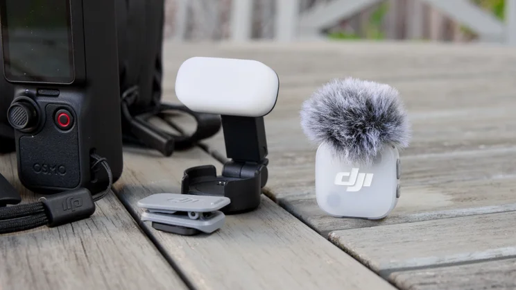 The DJI OSMO Pocket 4P pictured with the fill light accessory and mic mini