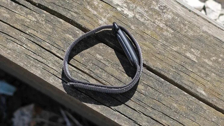 The Fitbit Air pictured on a wood surface from above