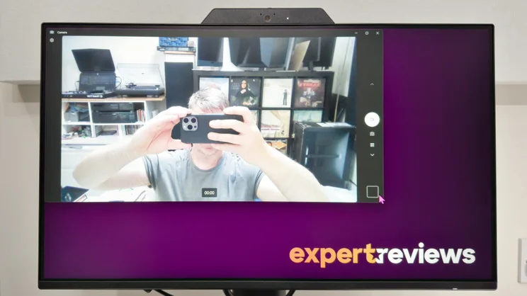 The MSI Pro MP242PMG monitor pictured showing a view from its built-in webcam