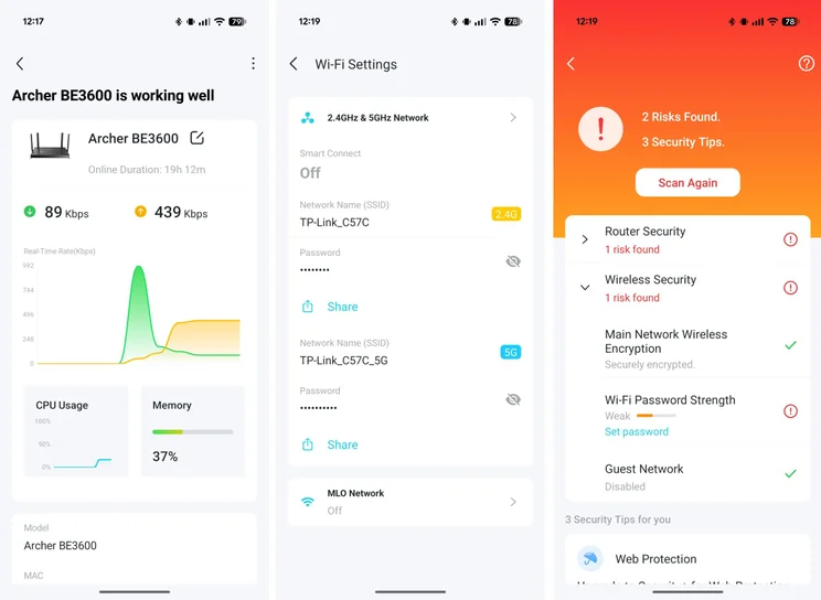 Three screenshots of the TP-Link tether app for the Archer BE3600