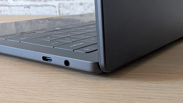 The USB-C and headphone ports on the right edge of the new Dell XPS 14 laptop