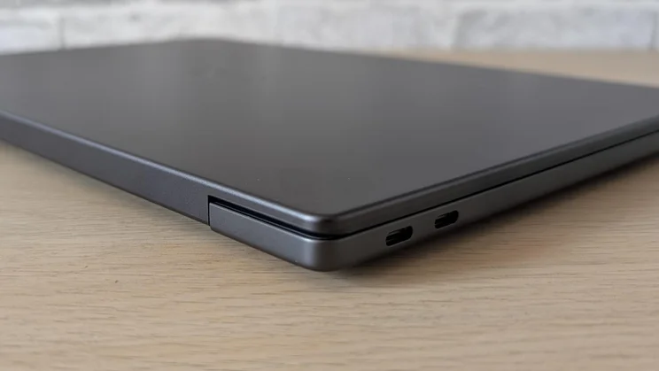 The rear corner of the new Dell XPS 14 laptop with the lid closed