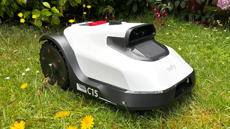 The Eufy Lawn Mower C15 pictured from the front left quarter