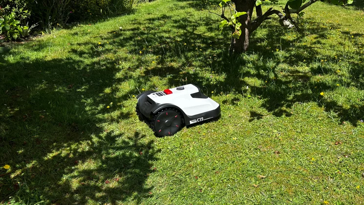 The Eufy Lawn Mower C15 pictured, at work in a garden