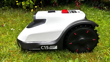 The Eufy Robot Lawn Mower C15 pictured from the side