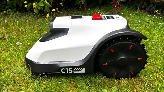 The Eufy Robot Lawn Mower C15 pictured from the side