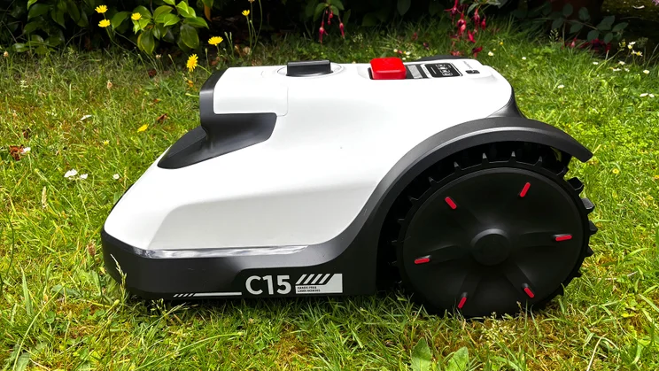 The Eufy Robot Lawn Mower C15 pictured from the side