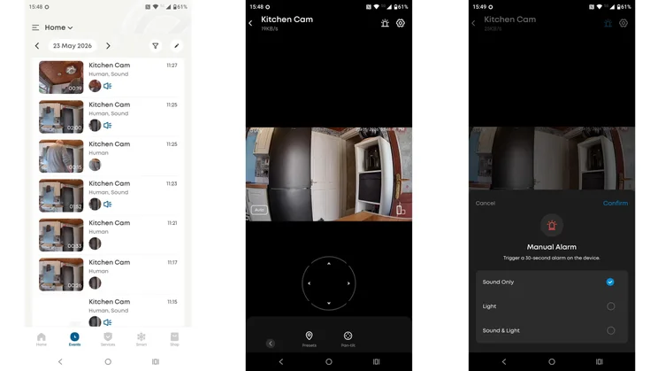 Three screenshots from the Eufy app showing the Home page, Kitchen Cam page and Manual Alarm