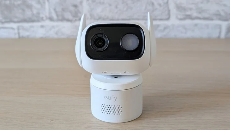 Front view of the Eufy Wired Cam C1 security camera on a wooden table
