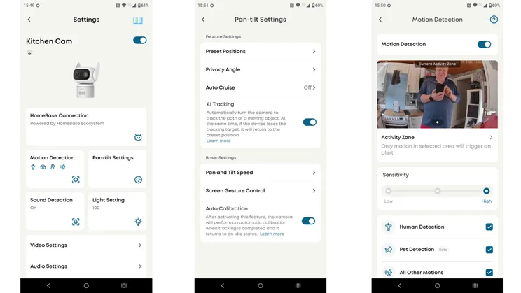 Three screenshots from the Eufy app showing the main settings, pan and tilt settings and motion detection