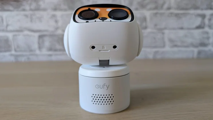 The Eufy Wired Cam C1 security camera tilting upwards showing the microSD card slot