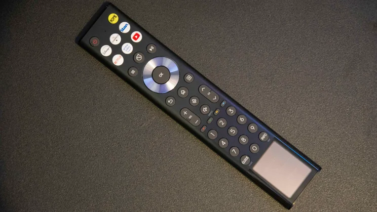 The solar remote control included with the Hisense UR8S RGB Mini LED TV