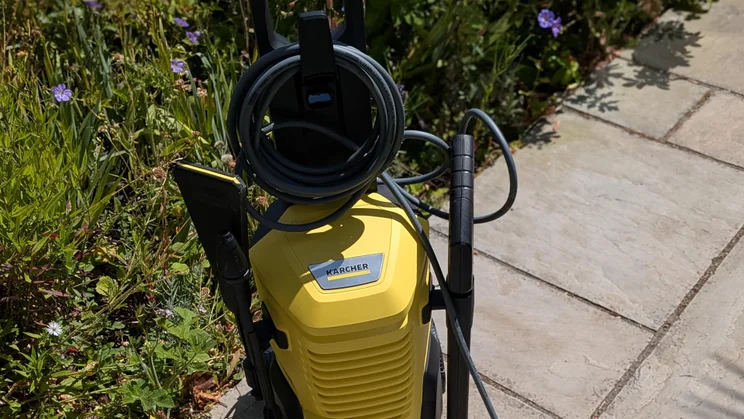 Close-up of the hose wrapped up on the K&auml;rcher K4 WCM Flex eco!Booster pressure washer