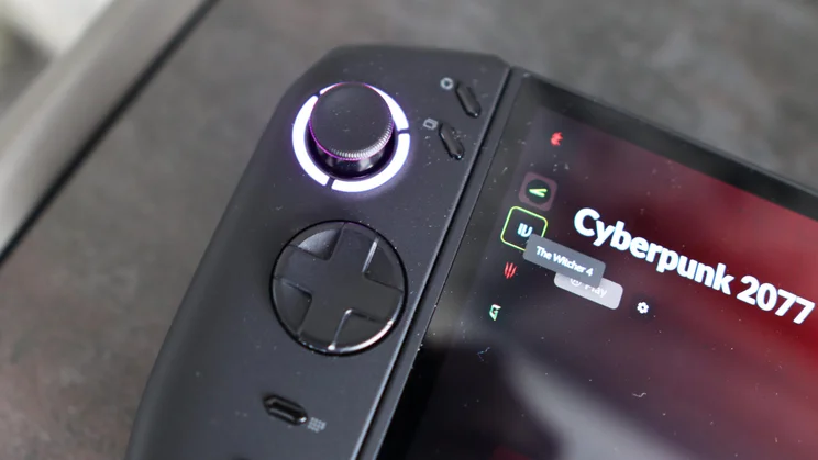 Close-up of the thumbstick and D-pad on the left handgrip of the Lenovo Legion Go 2 PC gaming handheld