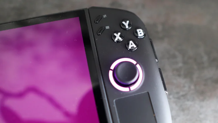 Close-up of the thumbstick, XYAB buttons and touchpad on the right handgrip of the Lenovo Legion Go 2 PC gaming handheld