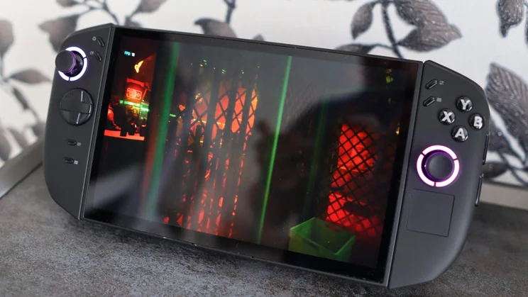 Right view of the the Lenovo Legion Go 2 PC gaming handheld on its stand