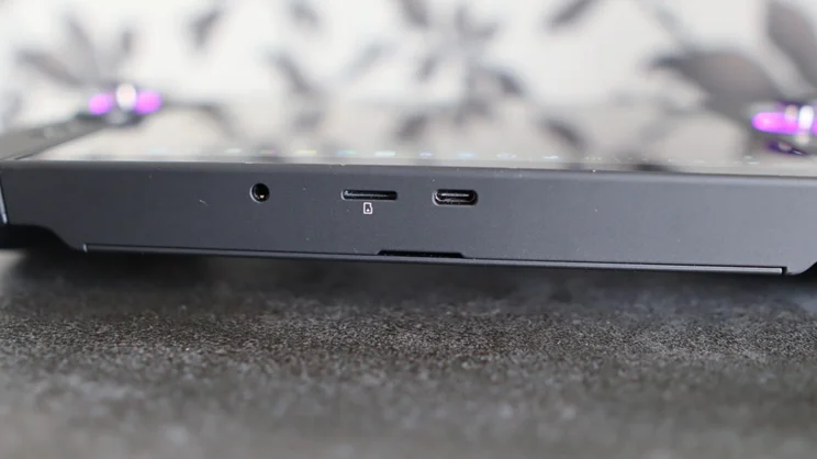 The UBS-C port, headphone jack and microSD slot on the bottom edge of the Lenovo Legion Go 2 PC gaming handheld
