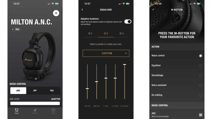Three screenshots from the Marshall app showing the homepage, EQ settings and M-button settings
