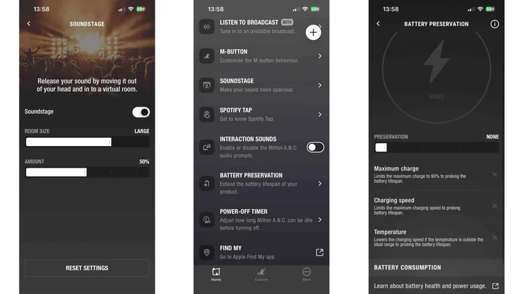 Three screenshots from the Marshall app showing the Soundstage, main settings and battery preservation options